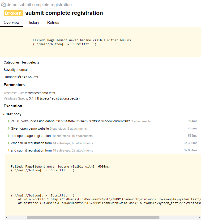 Detailed view of a testcase or spec